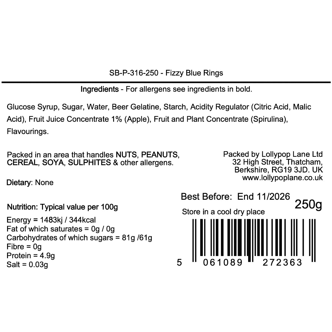 Product label with ingredients, packaging details, and nutritional information on a white background.