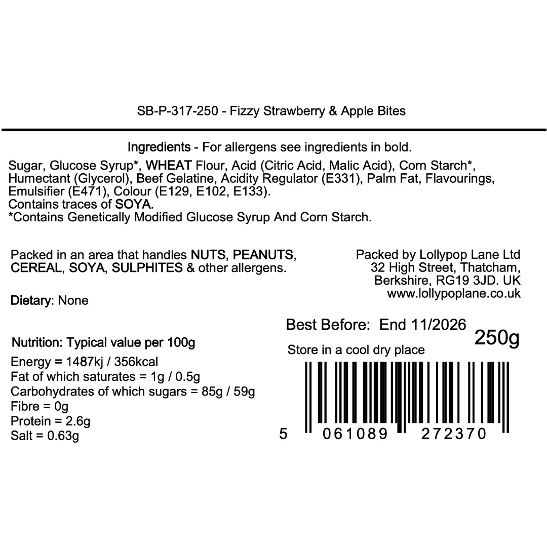 Back of a food package with ingredients, allergen information, and nutritional details.