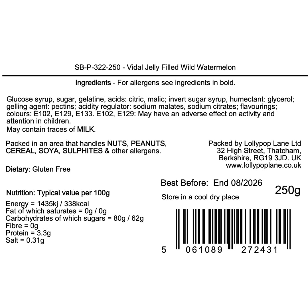 Lollypop Lane product label with ingredients, allergen information, and nutritional details on a white background.