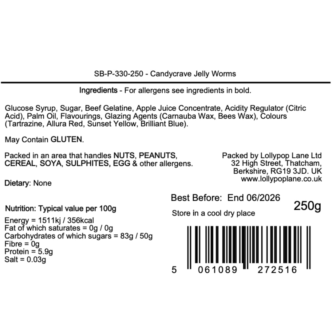 Lollypop Lane Label of Candycrave Jelly Worms with ingredients, allergen information, and packaging details.td
