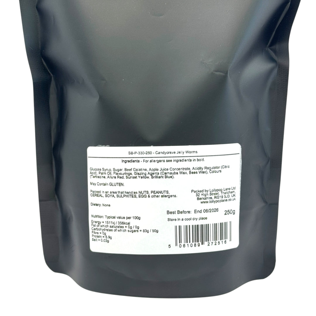 Lollypop Lane sweet pouch with a white label displaying text and a barcode for Candycrave Jelly Worms