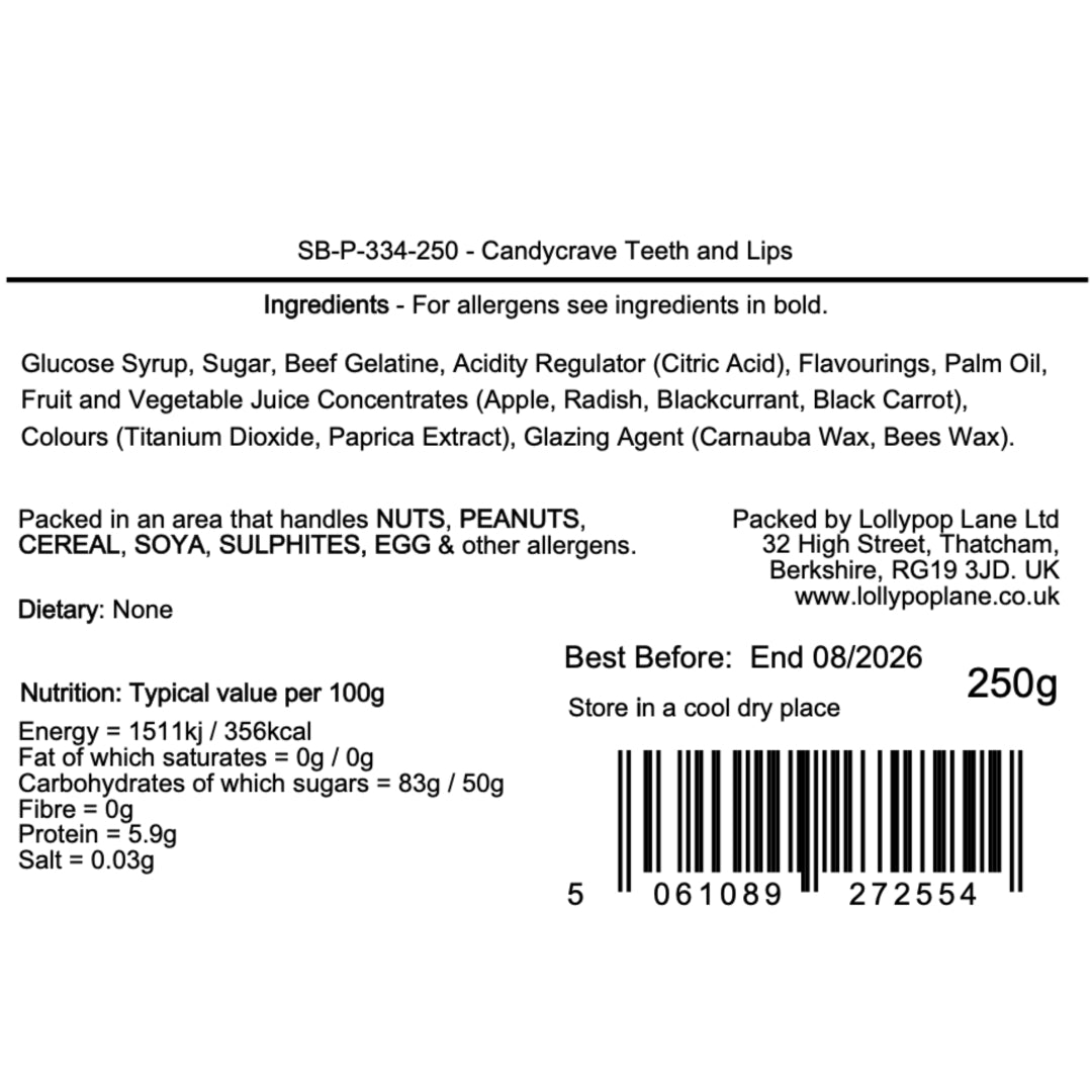 A Lollypop Lane ingredients and allergen information label for Candycrave Teeth and Lips