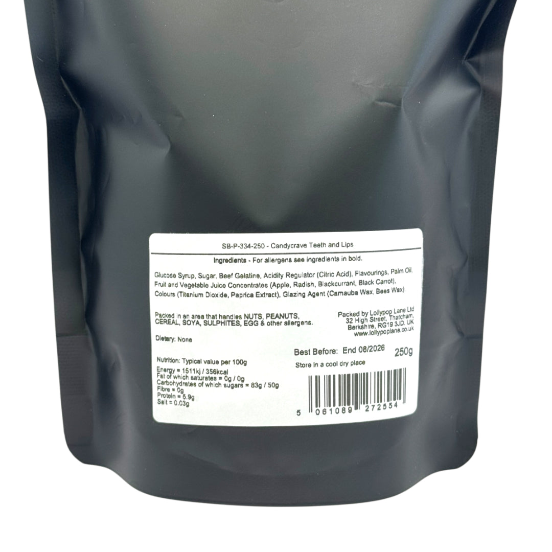 Back view of a Lollypop Lane sweet pouch showing a label for Candycrave Teeth and Lips ingredients and allergen information.