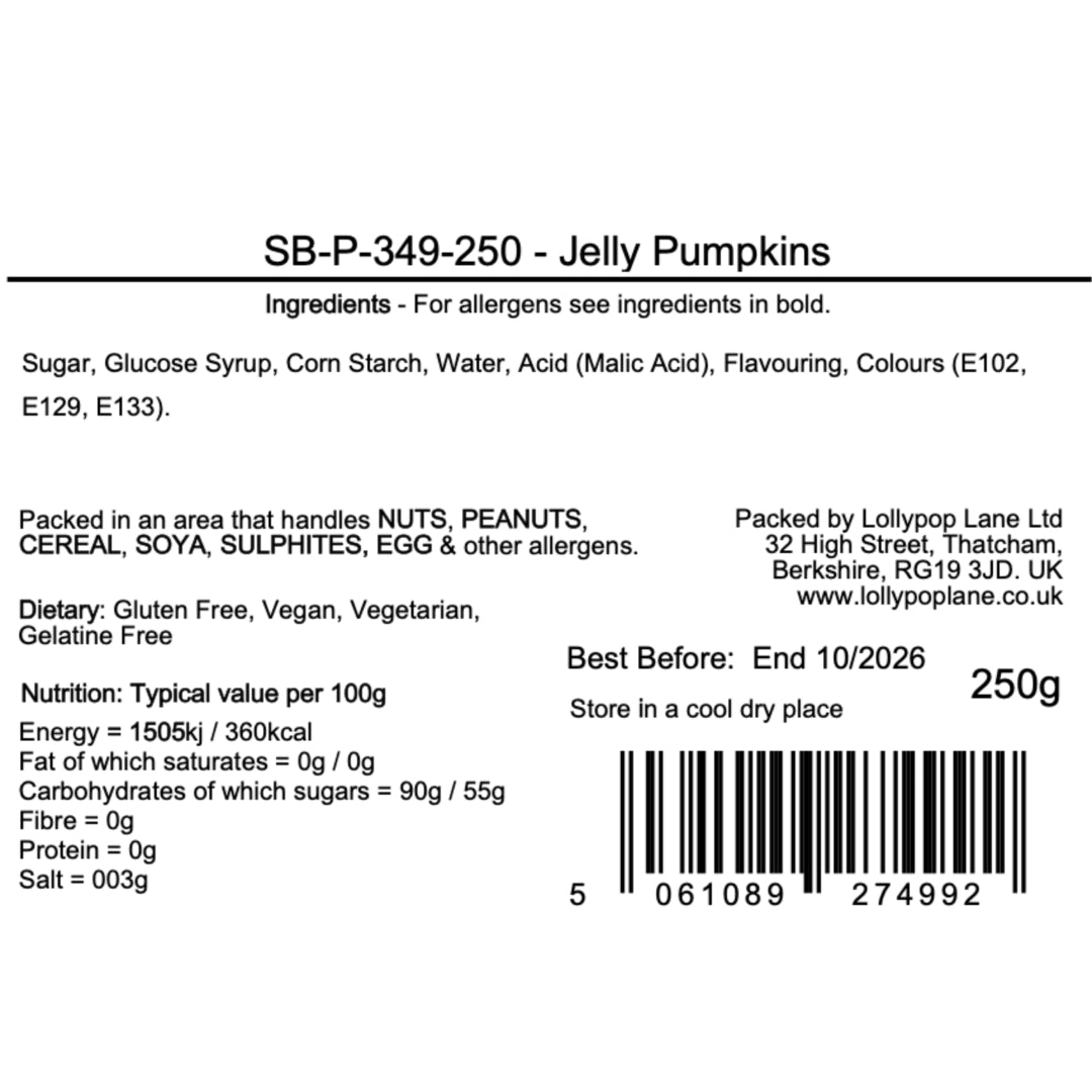 Lollypop Lane Label for Jelly Pumpkins with ingredients, packing information, and nutrition facts.