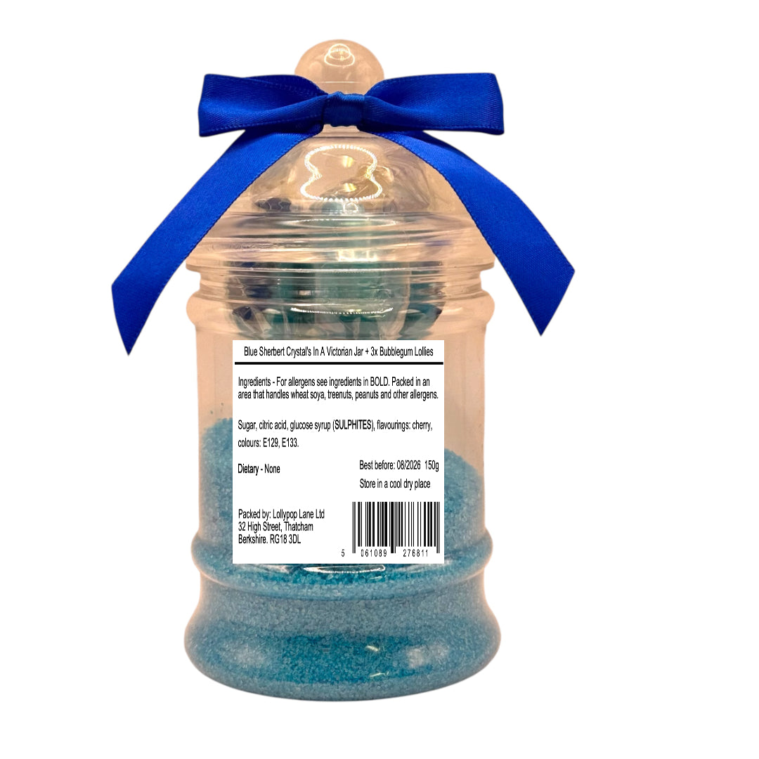 Blue Sherbet Crystal's In A Victorian Jar + 3x Bubblegum Lollies 150g