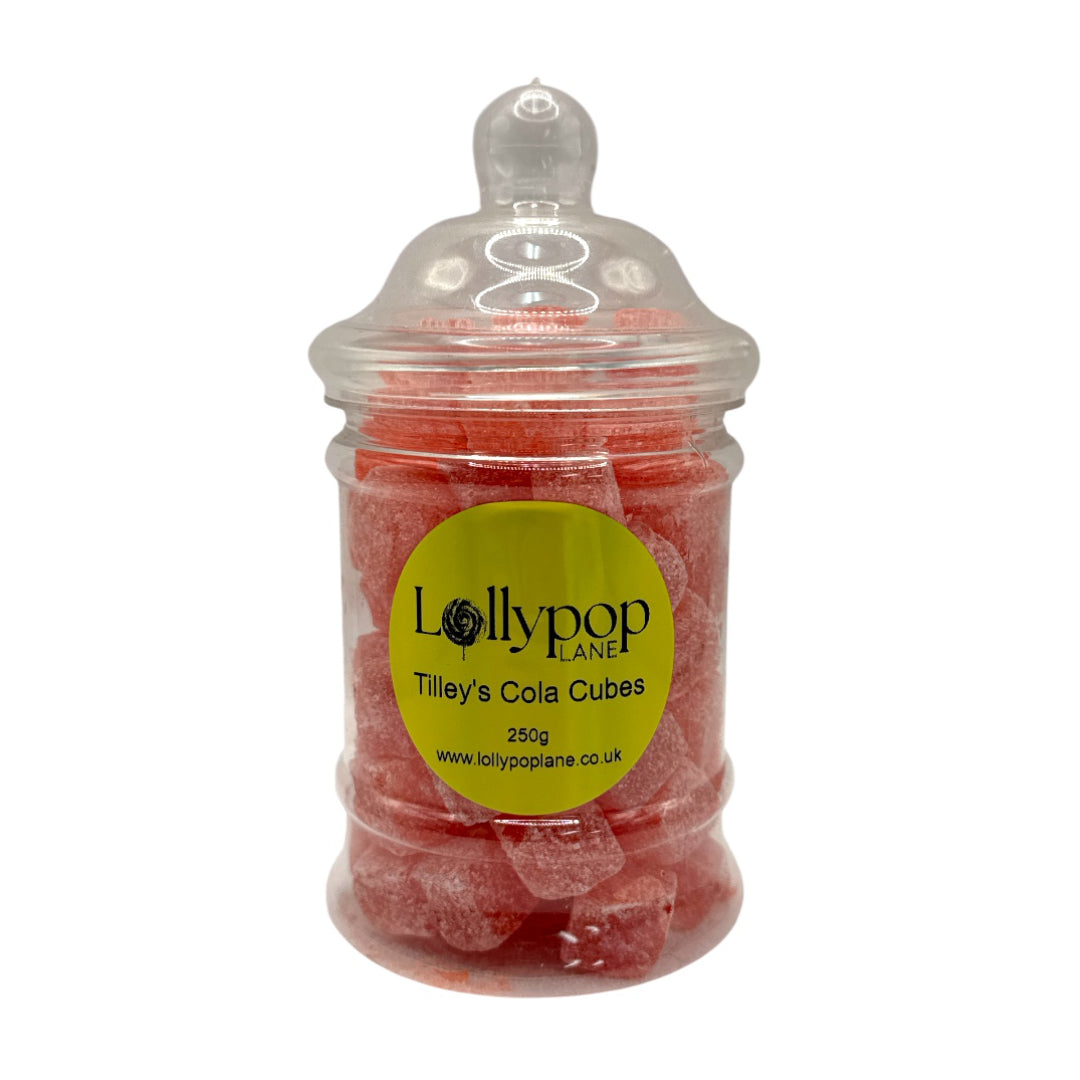 Tilley's Cola Cubes Victorian Jar 250g on white background