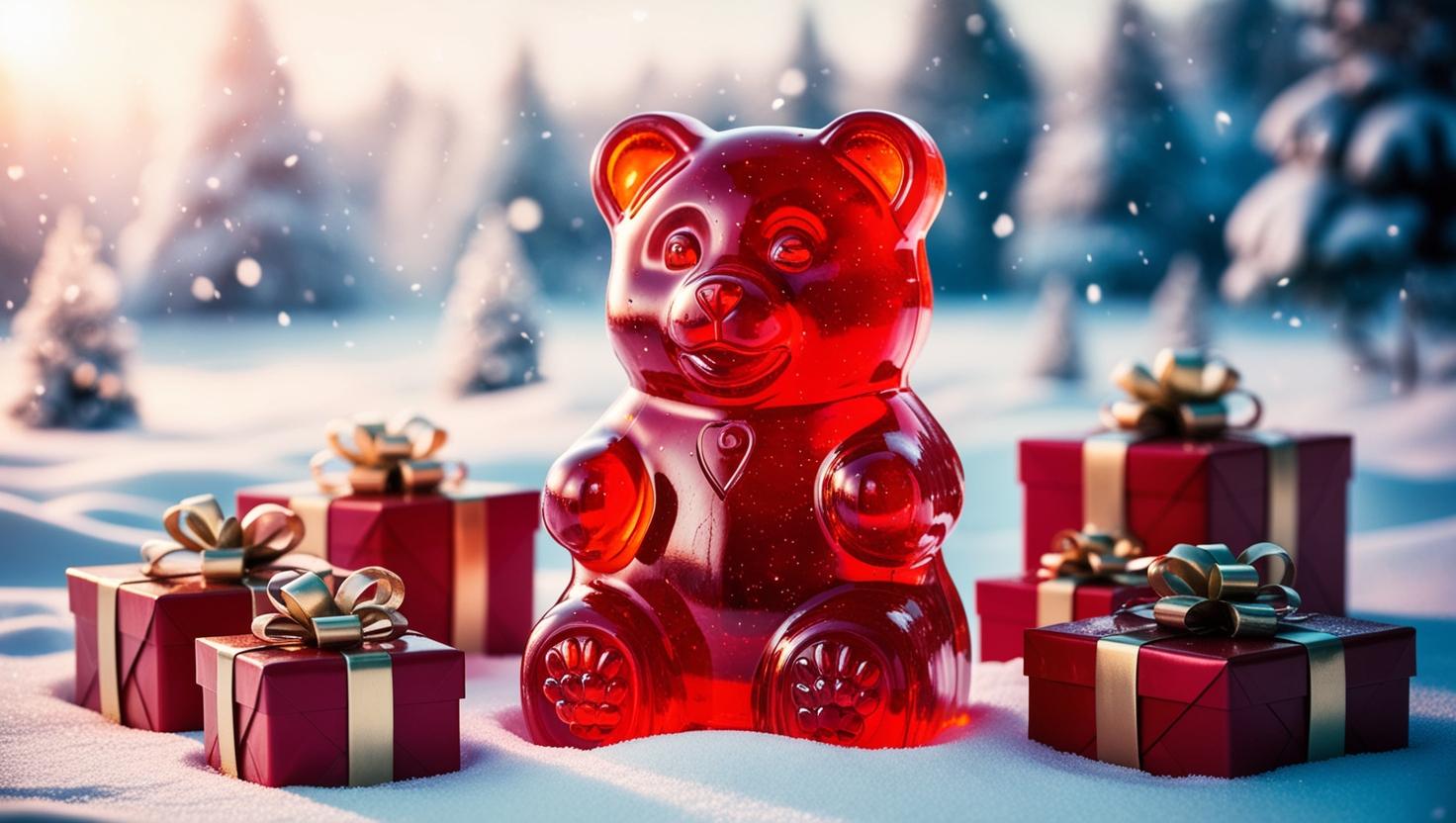 Lollypop Lane red gummy bear surrounded by Christmas presents in a snowy forest setting.