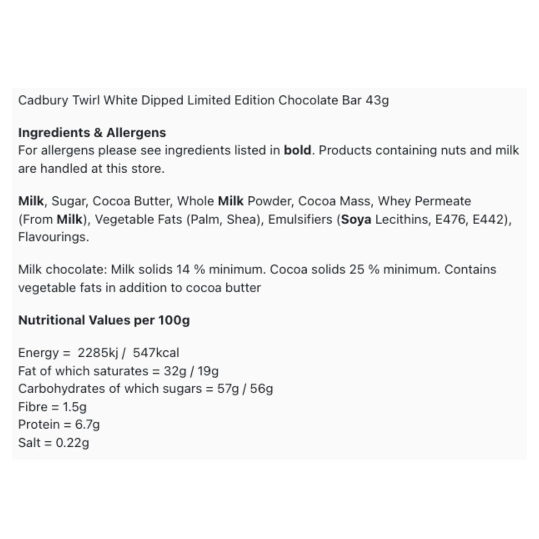 Ingredients, allergens, and nutritional information for a Cadbury Twirl White Dipped chocolate bar.
