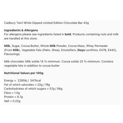 Ingredients, allergens, and nutritional information for a Cadbury Twirl White Dipped chocolate bar.