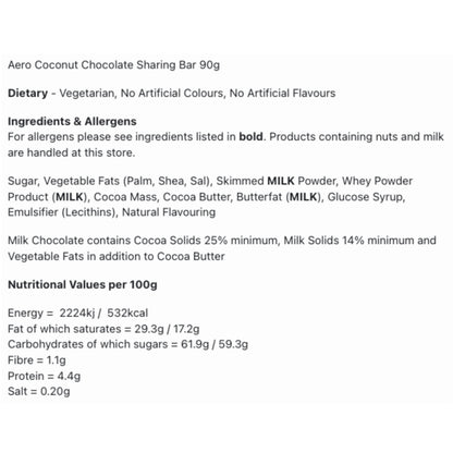 Aero Coconut Chocolate Sharing Bar 90g Ingredients, Allergens and Nutritional information.