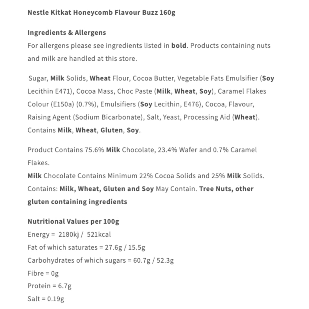 Nestle KitKat Honeycomb Flavour Buzz 160g packaging with ingredients and allergens list.