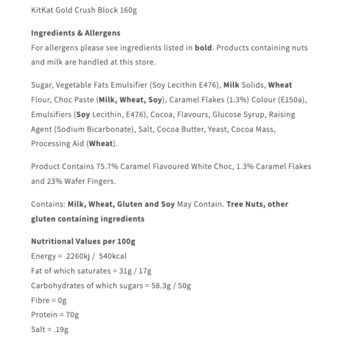 Nutritional information and ingredients list for a KitKat Gold Crush Block on a white background.
