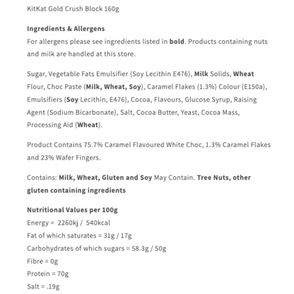 Nutritional information and ingredients list for a KitKat Gold Crush Block on a white background.