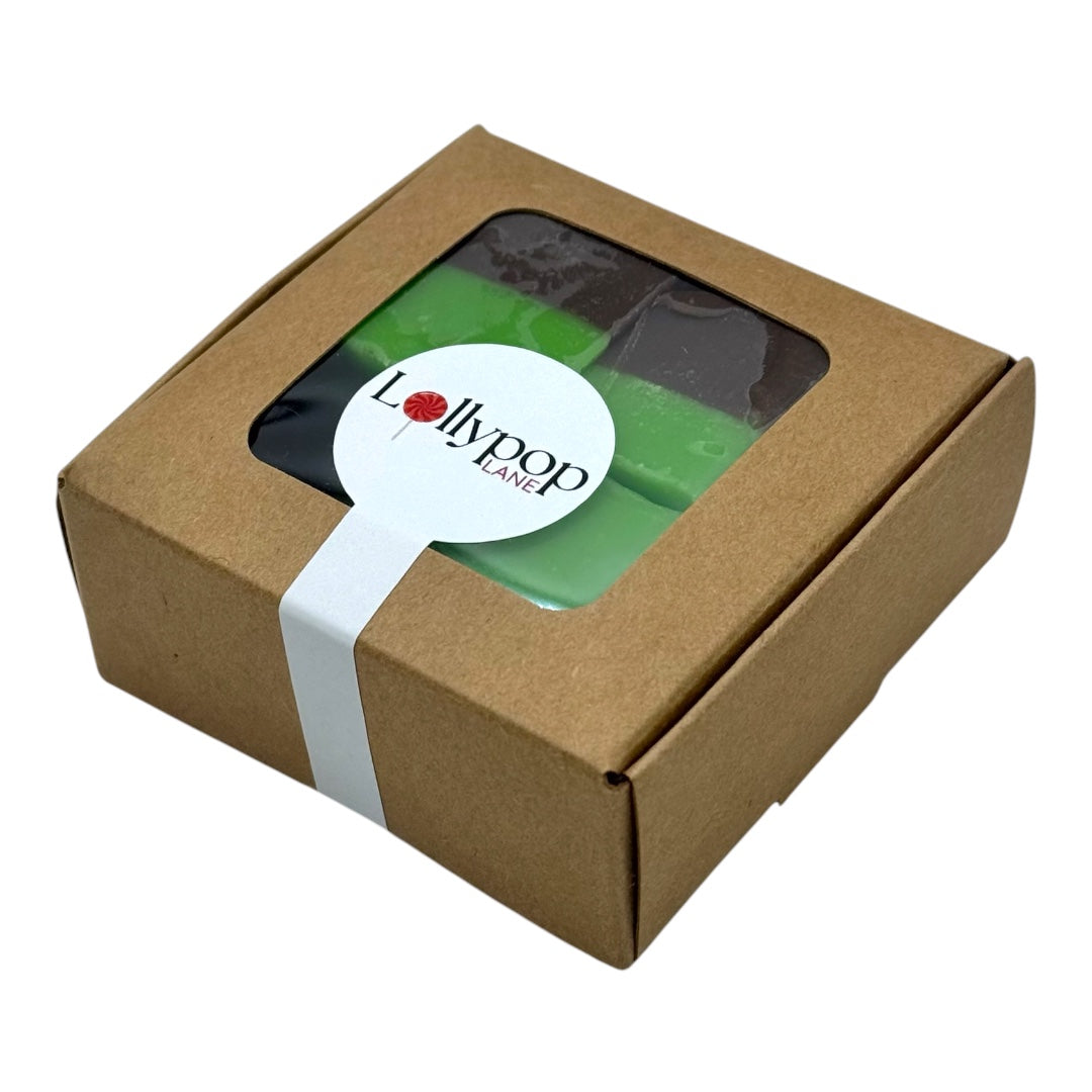 The Fudge Factory Chocolate and Mint Fudge box with a Lollypop Lane logo seal