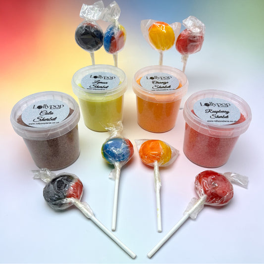 Assorted lollipops and sherbet containers with 'Lollypop Lane' branding on a gradient background