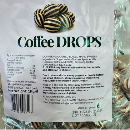 A 1kg bag of Eosa Confectionery 'Coffee Drops' coffee-flavoured boiled hard sweets, showing the front packaging with product details, barcode, and a small illustration of the round brown sweets.