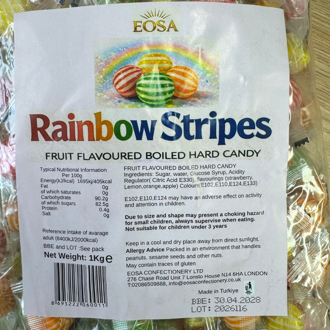 EOSA Rainbow Stripes Fruit Flavoured Boiled Sweets ingredients label