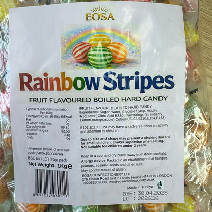 EOSA Rainbow Stripes Fruit Flavoured Boiled Sweets ingredients label