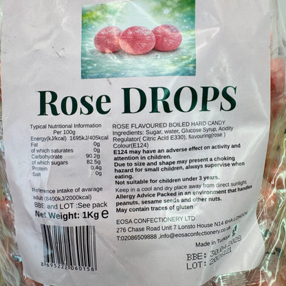 Back of a package of Eosa Confectionery 'Rose Drops' showing product details, ingredients, nutritional information, barcode, and a small photo of pink rose-shaped candies.