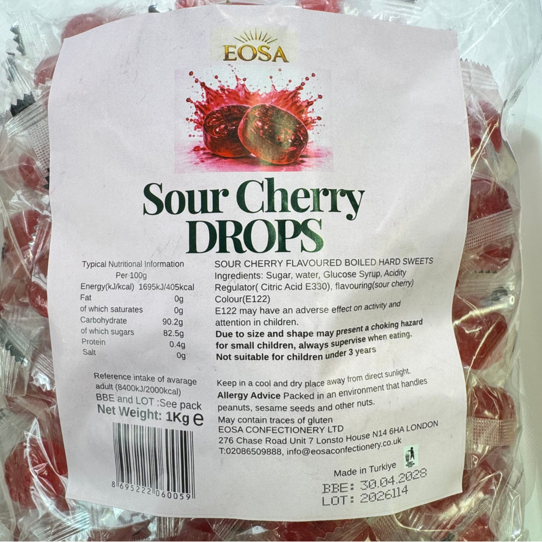 A package of Eosa Sour Cherry Drops, showing the front label of the 1kg bag with product details, ingredients, and nutritional information against a white background.