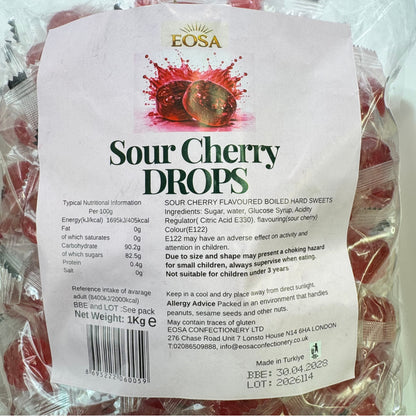 A package of Eosa Sour Cherry Drops, showing the front label of the 1kg bag with product details, ingredients, and nutritional information against a white background.