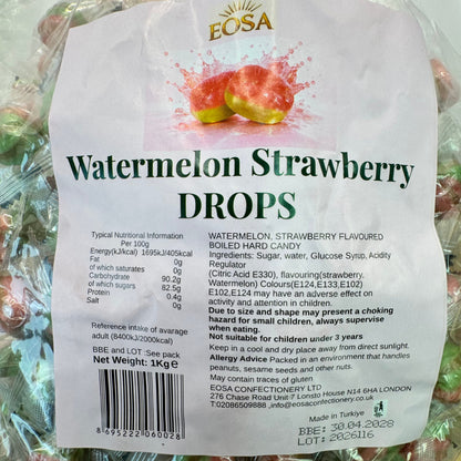 A 1kg bag of Eosa Watermelon Strawberry Drops candy, featuring a white label with green text and a red watermelon graphic, with a barcode and nutritional information.