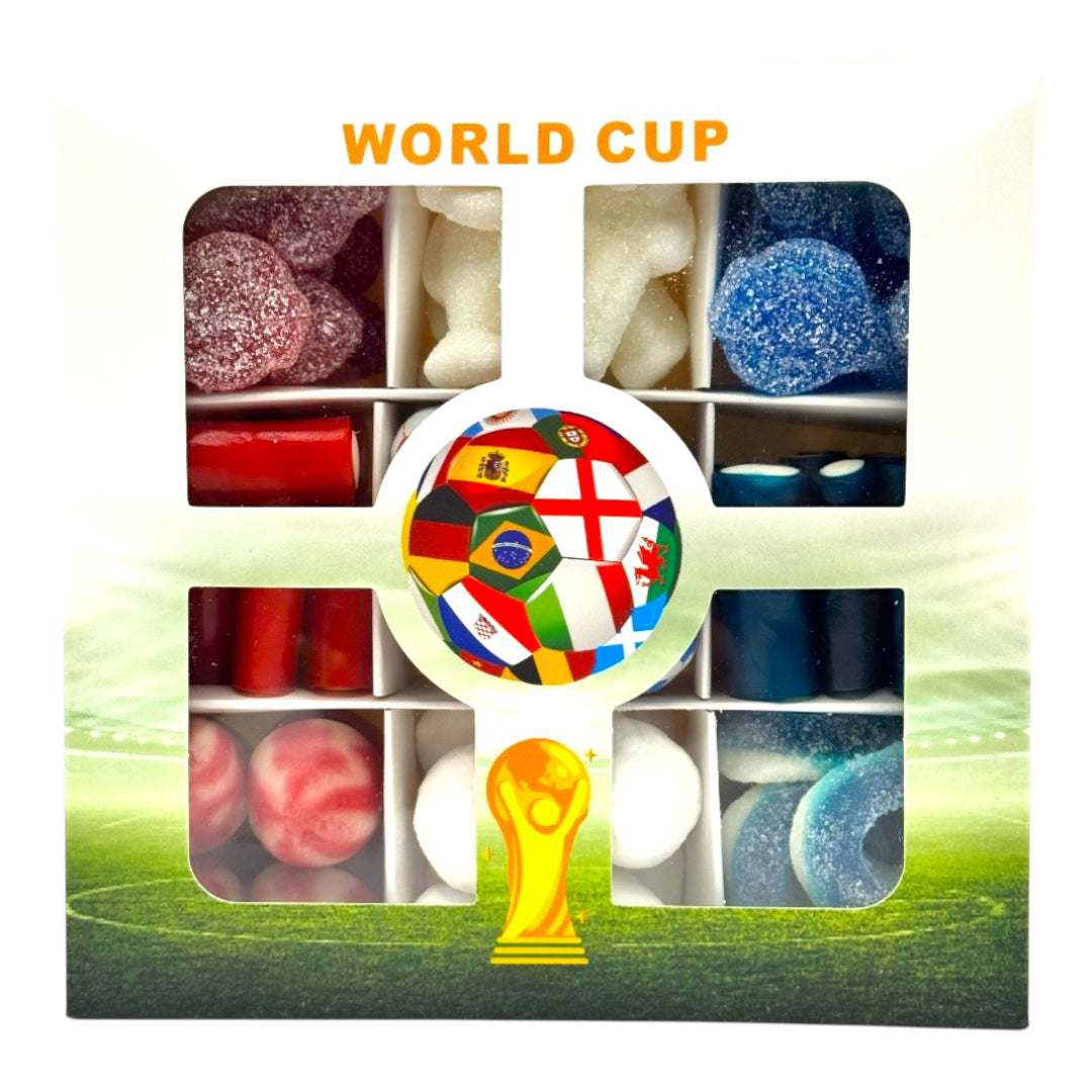 Assorted candy set with a World Cup theme featuring a candy world map and trophy.