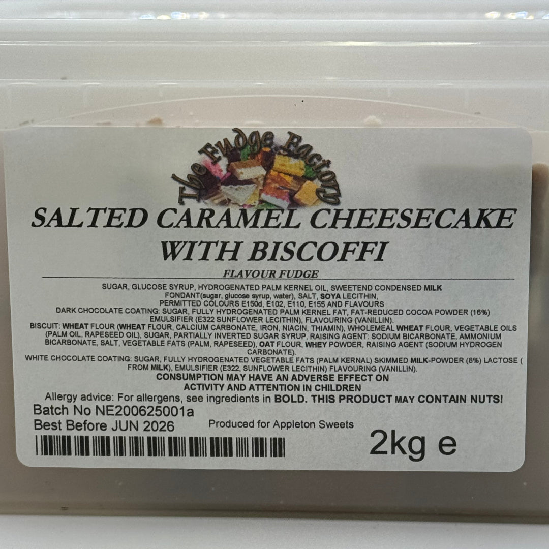 Label for salted caramel cheesecake with Biscoff fudge on a white background