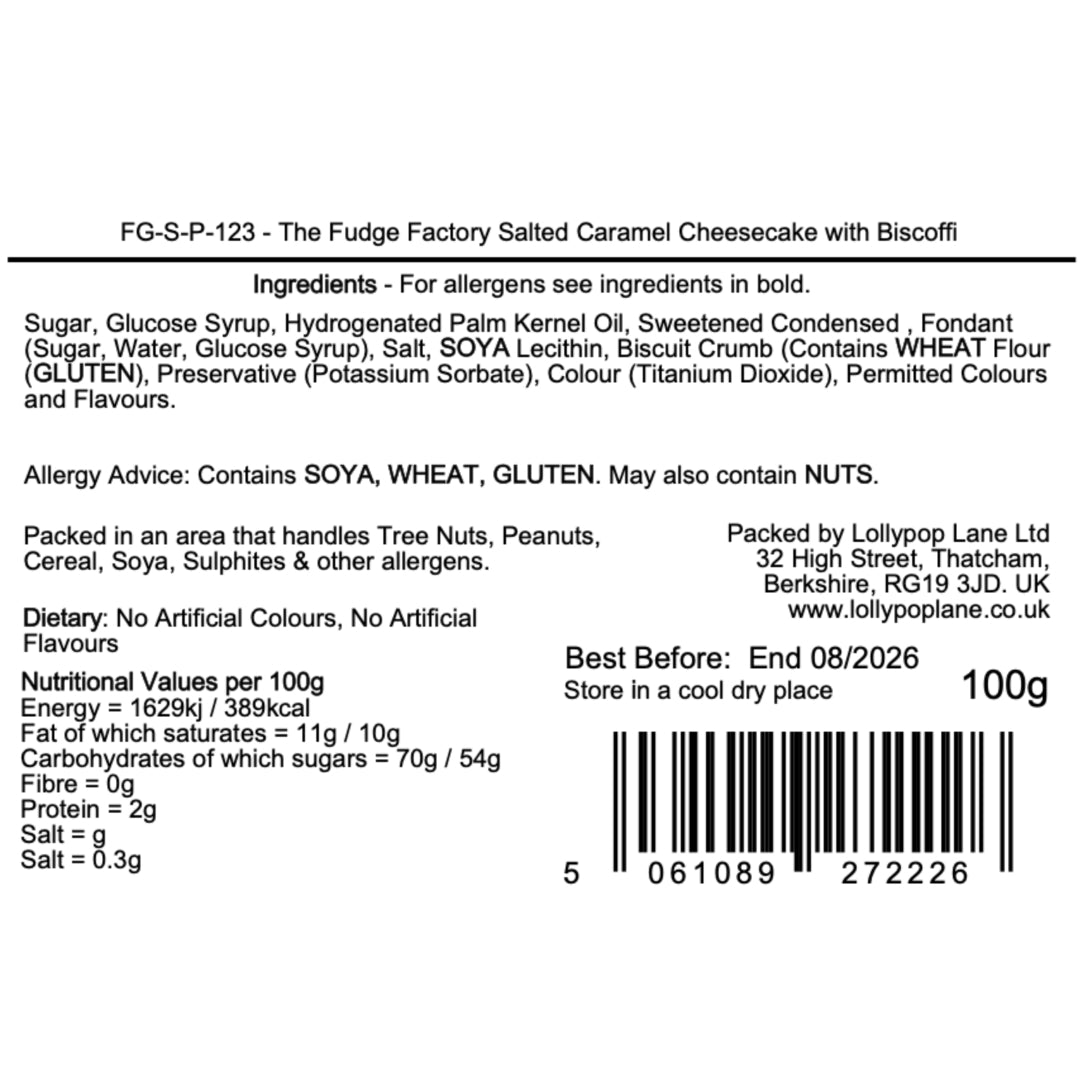 Back of a packaging label for The Fudge Factory Salted Caramel Cheesecake with Biscoff, showing ingredients, allergen information, and nutritional values.