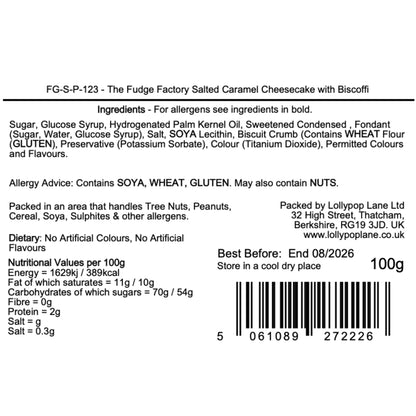 Back of a packaging label for The Fudge Factory Salted Caramel Cheesecake with Biscoff, showing ingredients, allergen information, and nutritional values.