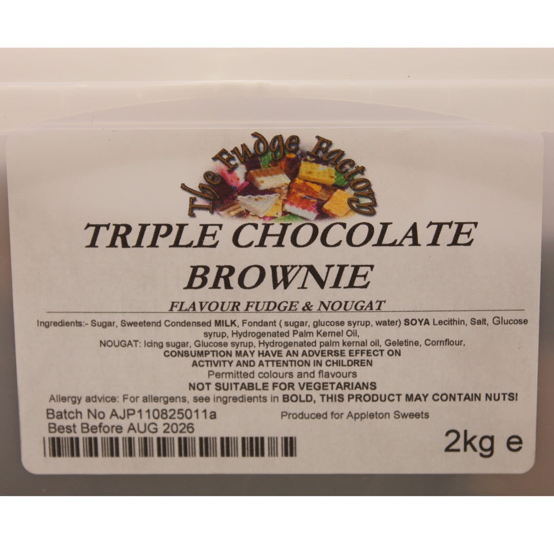 Label for triple chocolate brownie fudge and nougat packaging with branding and product details.
