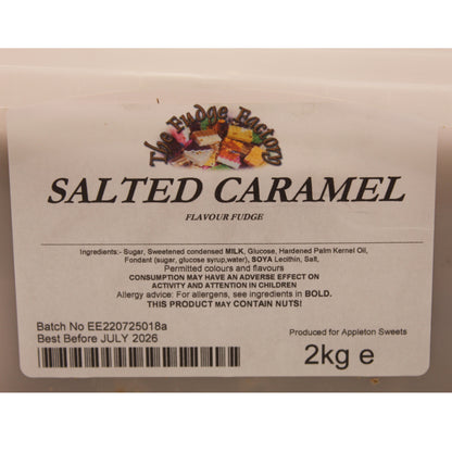 Label for salted caramel fudge packaging with branding and product details.