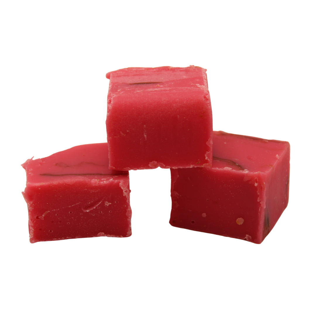 Three cubes of The Fudge Factory Strawberry on a white background