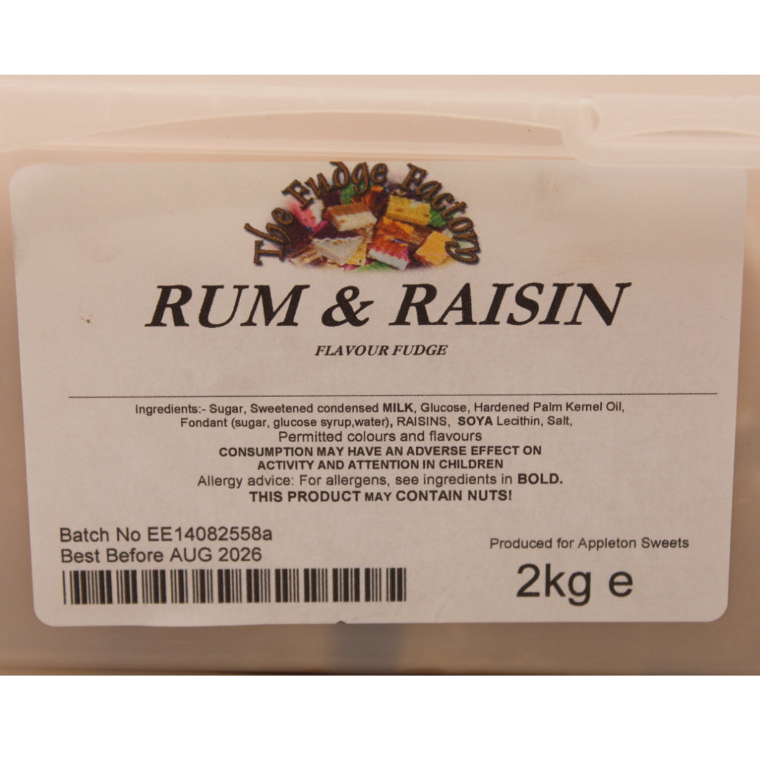 Rum & Raisin fudge packaging with label on a white background