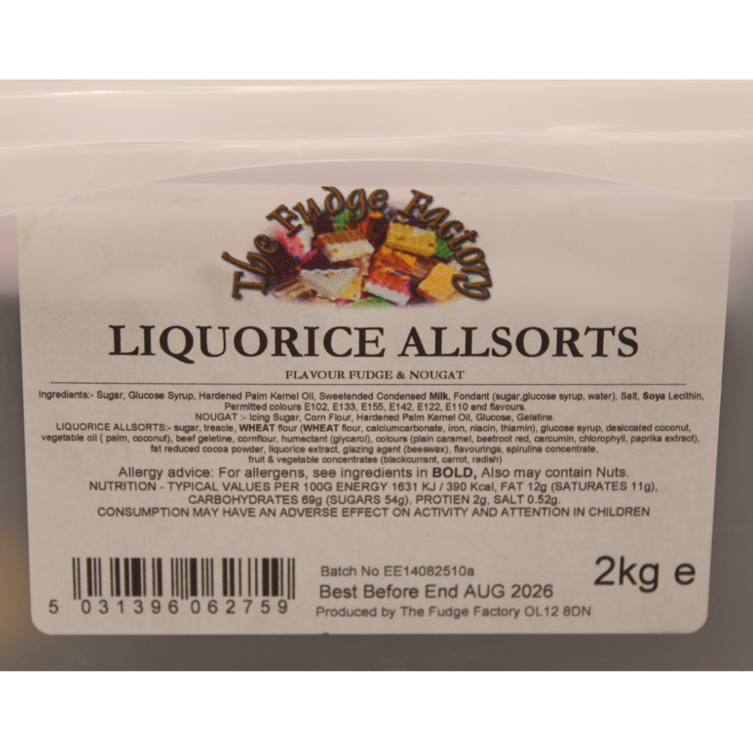 Label of Liquorice Allsorts from The Fudge Factory with product details and branding.