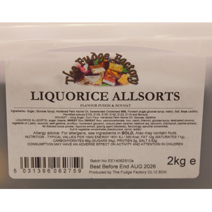 Label of Liquorice Allsorts from The Fudge Factory with product details and branding.