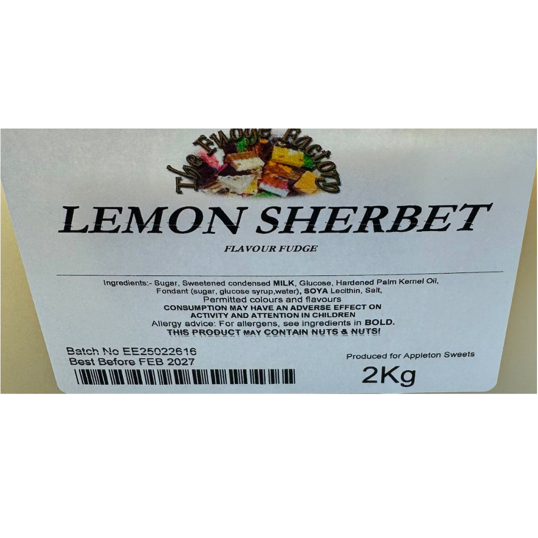 The Fudge Factory Lemon Sherbet Fudge Ingredients Label