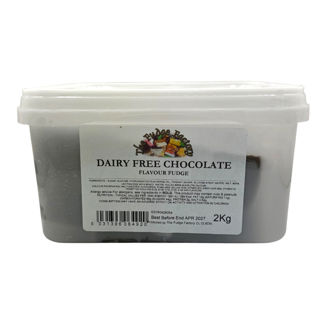Container of dairy-free chocolate fudge with a label on a white background