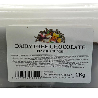 Dairy free chocolate flavor fudge packaging with label and logo.