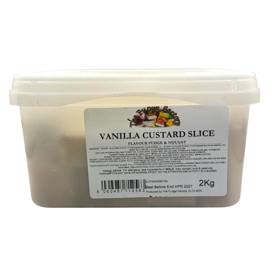 Container of vanilla custard slice with a label on a white background