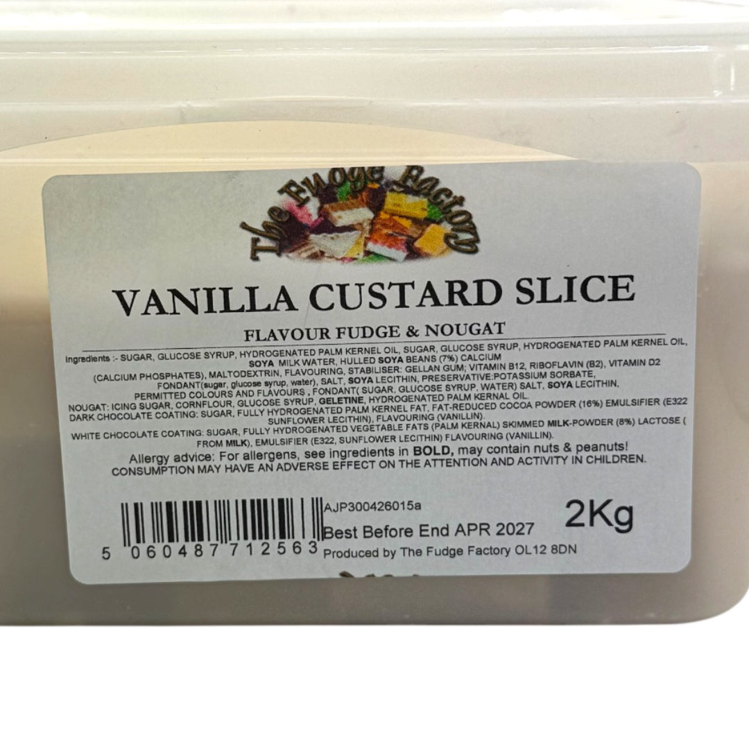 Vanilla custard slice fudge & nougat packaging with label on a white background
