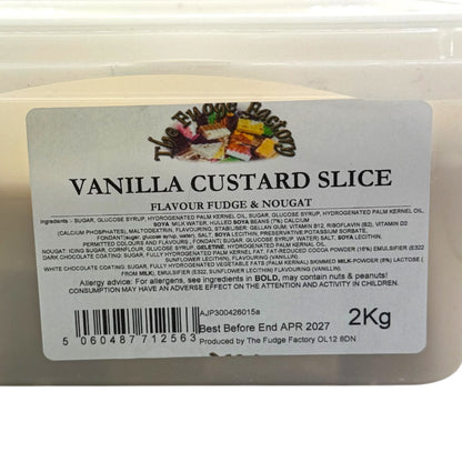 Vanilla custard slice fudge & nougat packaging with label on a white background