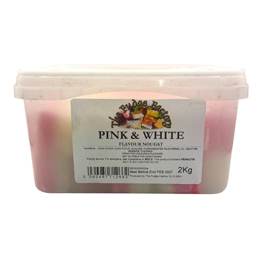 Pink and white nougat in a container with a label on a white background