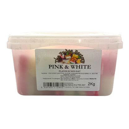 Pink and white nougat in a container with a label on a white background