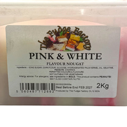Pink and white nougat package with 'The Fudge Factory' label on a light background