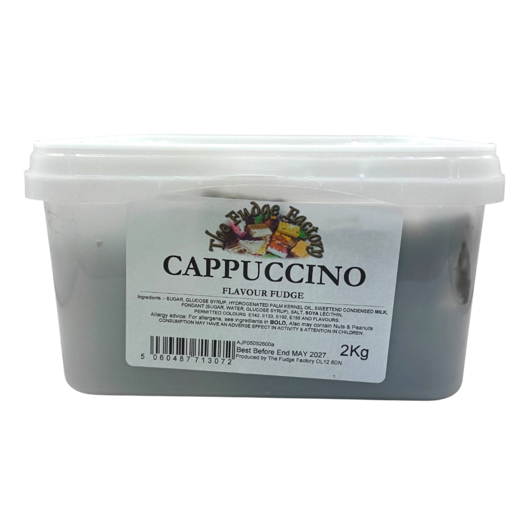 A 2kg plastic tub of Capuccino Flavour Fudge from The Fudge Factory, featuring a white label and a clear lid on a white background.