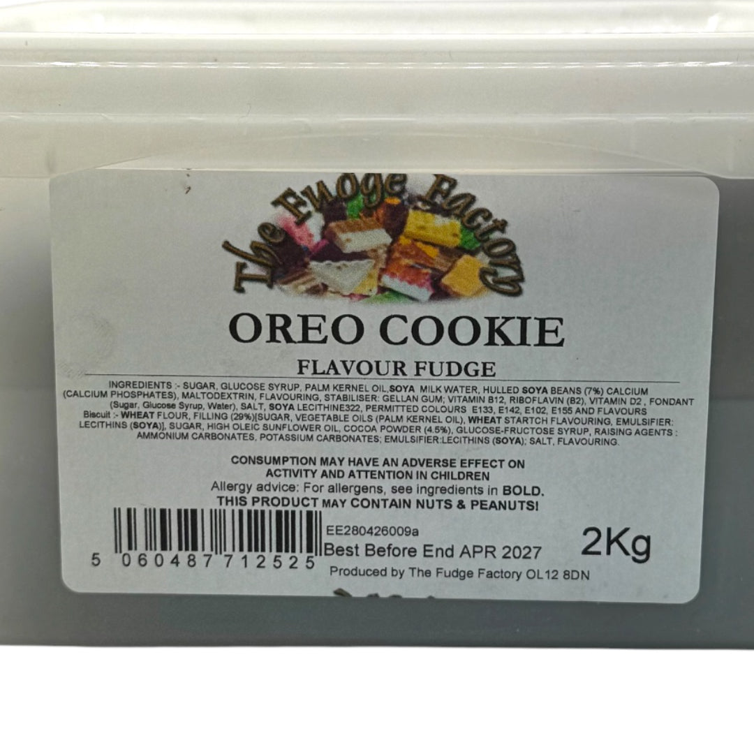 A 2kg package of Fudge Oreo Cookie from Fudge Factory, showing the front label with product details, barcode, and production address.