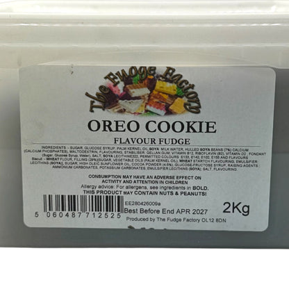 A 2kg package of Fudge Oreo Cookie from Fudge Factory, showing the front label with product details, barcode, and production address.