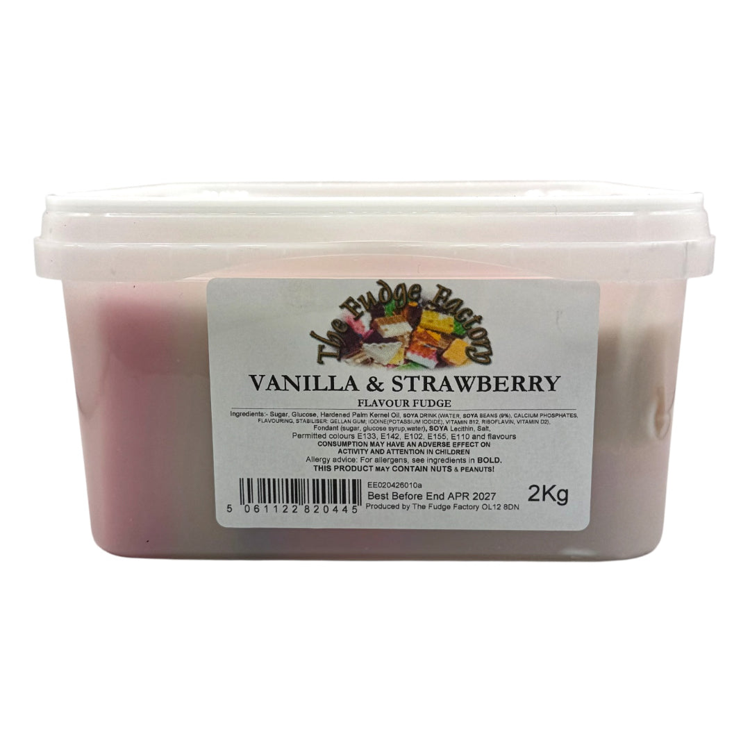A 2kg plastic tub of Flavour Fudge with Vanilla & Strawberry flavor, featuring a white label and a translucent pinkish-white wax inside, set against a plain white background.