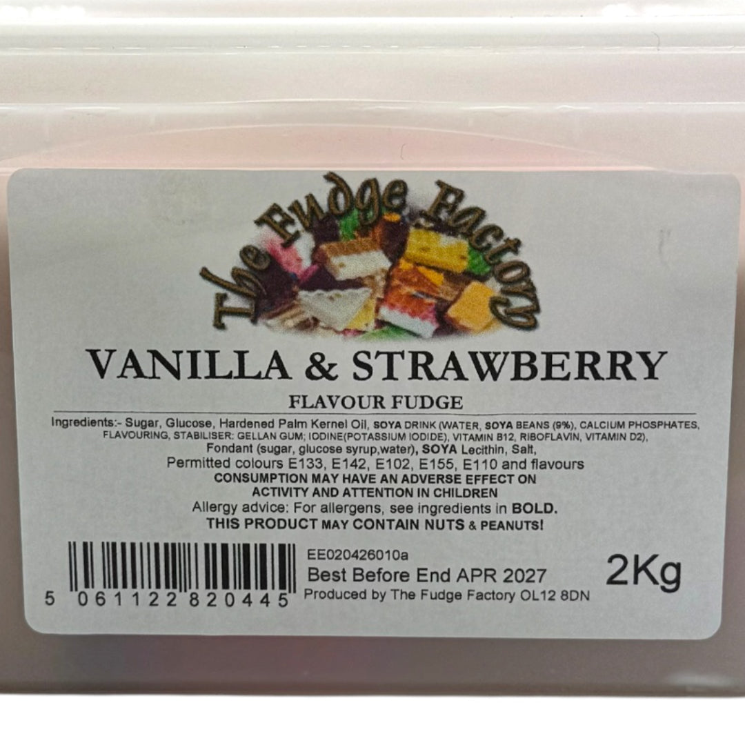 The Fudge Factory Vanilla & Strawberry Flavoured Fudge ingredients label.